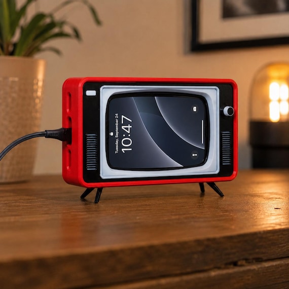 3D Printed Vintage TV Phone Stand, Retro Mini Television Dock, Unique Desk Decor, Charging Phone Holder Gift for Tech Lovers