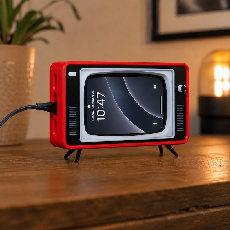 May include: A red smartphone stand designed to resemble a vintage television set with a white screen frame, black speaker grilles, and a small control knob. A smartphone is inserted into the stand, displaying the time 10:47 and the date Tuesday, September 24.