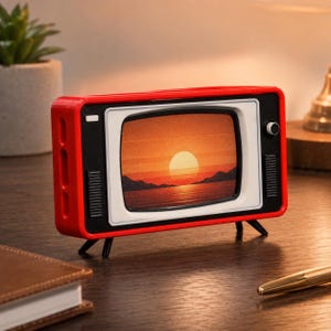 May include: A small, rectangular, red television-shaped decorative object with a white screen frame and black accents. The screen displays a printed image of a sunset over water with mountains in the background. It stands on four thin black legs.
