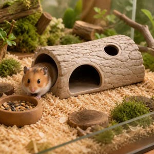 Könnte beinhalten: Ein hellbrauner und weißer Hamster steht neben einem beigen, hohlen, baumstammförmigen Tunnel mit einer strukturierten, rindenartigen Oberfläche. Der Tunnel verfügt über einen großen bogenförmigen Eingang und eine kleinere runde Öffnung.