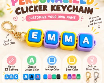 Puede incluir: Un llavero de clic personalizado con cuatro bloques cuadrados que forman el nombre EMMA con letras blancas sobre fondo azul. Los bloques tienen bases amarillas y moradas unidas a un cierre dorado. Texto: PERSONALIZED CLICKER KEYCHAIN.