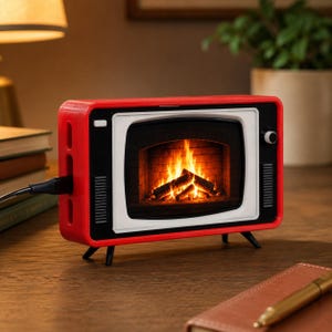 May include: A rectangular red television-shaped device with a white screen frame and a black display showing a burning fireplace with logs. The unit features a small white knob on the right side, black speaker grilles, and a black power cord on the left.