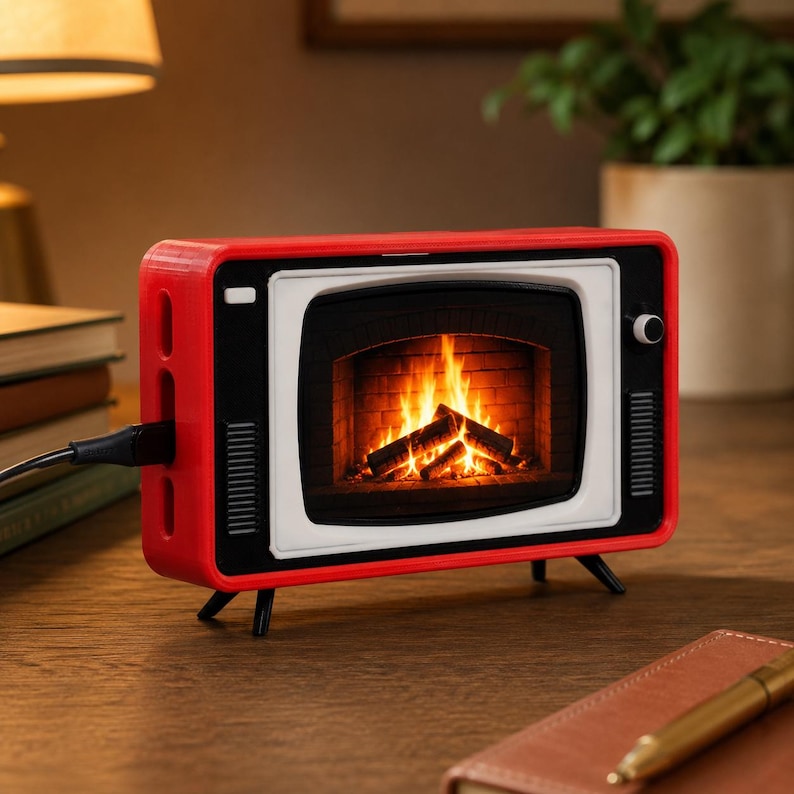 May include: A rectangular red television-shaped device with a white screen frame and a black display showing a burning fireplace with logs. The unit features a small white knob on the right side, black speaker grilles, and a black power cord on the left.