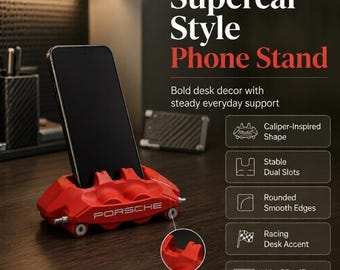 Supercar Brake Caliper Phone Stand - 3D Printed Racing Desk Decor, Dual Slot Holder for iPhone & Android, Car Lover Gift, Garage Accent