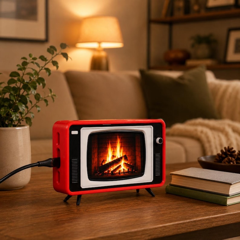May include: A red and white television-shaped electric heater featuring a screen display of a burning fireplace with logs. The device has a black front panel, a single control knob on the right side, and a black power cord extending to the left.
