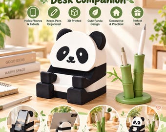 Panda Phone & Tablet Stand or Green Bamboo Pen Holder, 3D Printed Desk Organizer, Kawaii Desk Decor, Panda Lover Gift, Student Birthday Gift