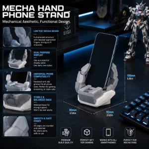 Mecha Hand Phone Stand - Low Poly Robot Holder for iPhone & Android - Sci-Fi Gamer Desk Decor, Gundam Style Tech Gift - 3D Printed
