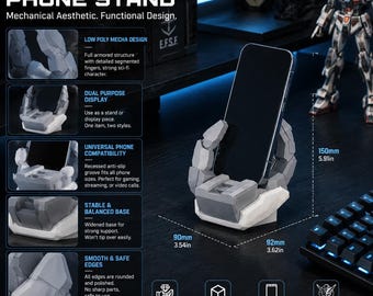 Mecha Hand Phone Stand - Low Poly Robot Holder for iPhone & Android - Sci-Fi Gamer Desk Decor, Gundam Style Tech Gift - 3D Printed