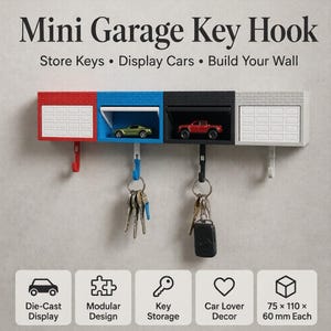 May include: A set of four modular mini garage key hooks in red, blue, black, and white. Each unit features a garage door design, a small shelf for die-cast cars, and a hook for keys. Text reads: Mini Garage Key Hook, Store Keys, Display Cars, Build Your Wall.