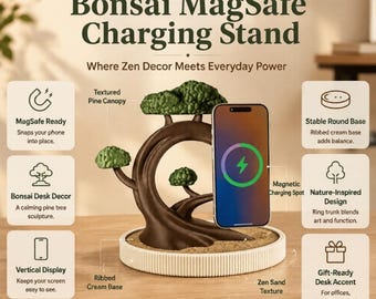 Soporte para teléfono Bonsai MagSafe, organizador de escritorio con forma de árbol impreso en 3D, cargador inalámbrico con gestión de cables oculta para iPhone 12-17, decoración para oficina en casa estilo zen.