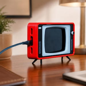 May include: A red, retro-style television-shaped phone stand with a white screen frame, a black display area, and a small circular knob on the right side. A dark blue charging cable is plugged into the left side of the red plastic housing.