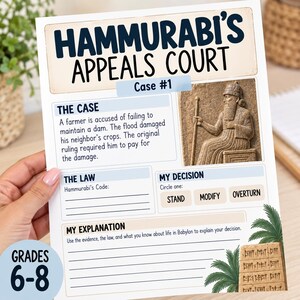Op de afbeelding: Een geprint educatief werkblad getiteld Hammurabi's Appeals Court Case #1. Het bevat een reli&euml;fafbeelding van een zittende figuur, secties voor The Case, The Law, My Decision en My Explanation, plus palmboomafbeeldingen en een label voor groep 6-8.
