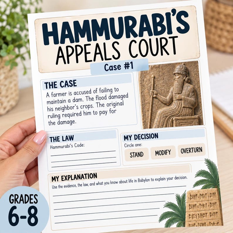 Op de afbeelding: Een geprint educatief werkblad getiteld Hammurabi's Appeals Court Case #1. Het bevat een reli&euml;fafbeelding van een zittende figuur, secties voor The Case, The Law, My Decision en My Explanation, plus palmboomafbeeldingen en een label voor groep 6-8.