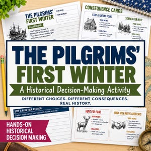 以下が含まれることがあります： The Pilgrims' First Winterと題された印刷済みの教育用アクティビティセット。歴史的な意思決定ワークシート、テキスト、船、小屋、森、鹿、握手のイラスト、黄色の鉛筆、真鍮製のコンパスが含まれています。