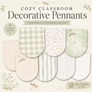 May include: A collection of decorative pennants with diverse designs, such as gingham, floral, and striped patterns. The text states "COZY CLASSROOM Decorative Pennants" and "PRINTABLE CLASSROOM DECOR." The image also includes a printer icon with the text "EASY TO PRINT & USE!"