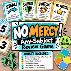 Puede incluir: Un juego de repaso No Mercy! Any-Subject que incluye tarjetas de acción con las etiquetas Steal, Shield, Switch y No Mercy, tarjetas numéricas, marcadores de escudo y marcadores de equipo. Incluye instrucciones y guías de referencia.