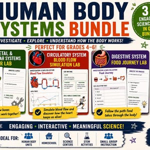 May include: A Human Body Systems Bundle educational resource featuring three science labs: Skeletal & Muscular Systems Lever Lab, Circulatory System Blood Flow Simulation Lab, and Digestive System Food Journey Lab, designed for grades 4-6 with worksheets.