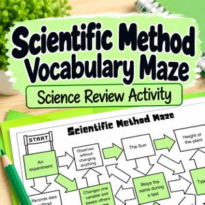 Puede incluir: Una hoja de trabajo impresa titulada Scientific Method Vocabulary Maze con un encabezado de Science Review Activity. El laberinto presenta cuadros de texto negros con términos científicos y definiciones conectados por flechas verdes, comenzando con un letrero de START.