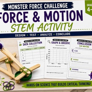 May include: A Monster Force Challenge STEM activity kit for grades 4-6 featuring a wooden popsicle stick catapult with a purple pom-pom, three printed data collection and analysis worksheets, and a circular badge reading Build. Launch. Learn.