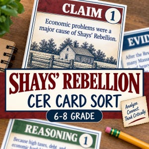 May include: A Shays' Rebellion CER card sort educational game for grades 6-8. The cards feature text including Claim 1, Reasoning 1, and Evidence, with illustrations of a house and fence. A small note reads Analyze. Connect. Think Critically.