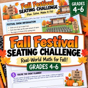 Peut inclure: Une fiche d'exercices de mathématiques Fall Festival Seating Challenge pour les niveaux 4-6. La page présente des graphismes d'automne colorés, incluant des citrouilles, des bottes de foin et des feuilles, avec des consignes pour organiser 120 personnes.