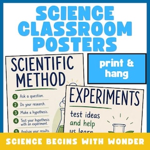 May include: Science classroom posters featuring the text Science Classroom Posters, print & hang, and Science Begins With Wonder. The posters display the Scientific Method with numbered steps and Experiments with descriptive text, illustrated with laboratory glassware.