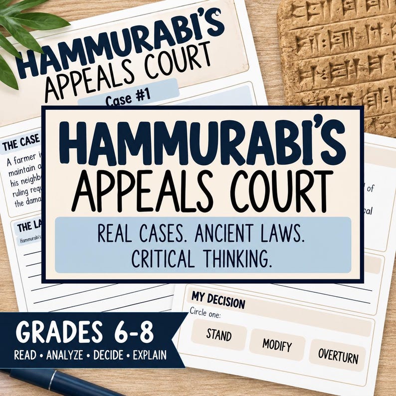 Op de afbeelding: Educatief werkblad getiteld Hammurabi's Appeals Court met donkerblauwe tekst op een cr&egrave;mekleurige achtergrond. Het document bevat secties voor casusanalyse, kritisch denken en een beslissingsgebied met opties om te kiezen tussen stand, modify of overturn.