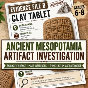 Könnte beinhalten: Ein Arbeitsblatt mit dem Titel Evidence File B Clay Tablet, das eine braune rechteckige Tontafel mit gitterartigen Markierungen, Text über das antike Mesopotamien und einen Detektiv-Hinweis für Schüler der Klassen 6-8 zeigt.