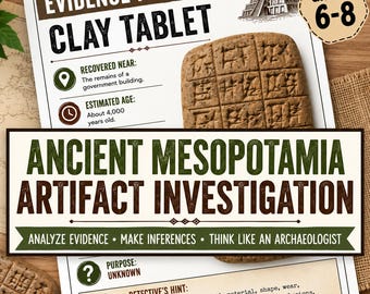 Op de afbeelding: Een educatief werkblad getiteld Evidence File B Clay Tablet met een bruine rechthoekige kleitablet met rasterachtige markeringen, tekst over het oude Mesopotamië en een detective-hintsectie voor leerlingen in groep 8 tot 10.