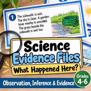 May include: An educational card set titled Science Evidence Files What Happened Here? Observation, Inference & Evidence for grades 4-6. The card features a magnifying glass and a numbered observation task about a wet pavement and a green garden hose.