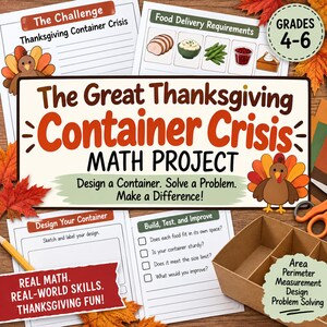 May include: A Thanksgiving-themed math project worksheet set titled The Great Thanksgiving Container Crisis. Includes activity sheets for grades 4-6, featuring illustrations of a turkey, food items, and a cardboard container with dividers for area and perimeter.