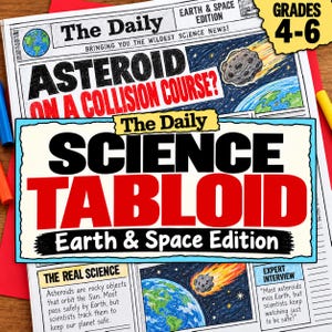 Może przedstawiać: Drukowany edukacyjny tabloid naukowy dla klas 4-6 zatytułowany The Daily Science Tabloid Earth & Space Edition. Strona zawiera nagłówek o asteroidzie na kursie kolizyjnym, ilustracje Ziemi i kosmosu oraz pola tekstowe z informacjami.