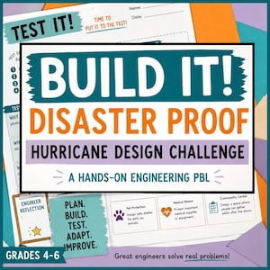 May include: A printable educational worksheet titled BUILD IT! DISASTER PROOF HURRICANE DESIGN CHALLENGE. The document includes sections for engineer reflection, project planning, and specific tasks like pet protection and medical missions.
