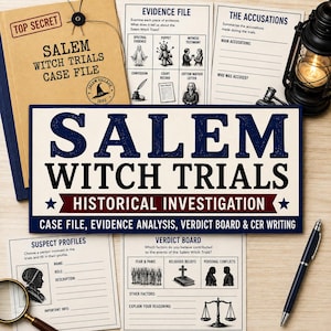 May include: A Salem Witch Trials historical investigation kit featuring a tan case file folder, evidence sheets, suspect profiles, and a verdict board. The set includes a magnifying glass, a black pen, and a black lantern, all printed with text and illustrations related to the 1692 trials.