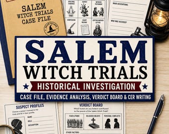 Op de afbeelding: Een historische onderzoeksset over de Salem-heksenprocessen met een beige dossiermap, bewijsstukken, verdachtenprofielen en een oordeelsbord. De set bevat een vergrootglas, een zwarte pen en een zwarte lantaarn, bedrukt met teksten en illustraties over de processen van 1692.