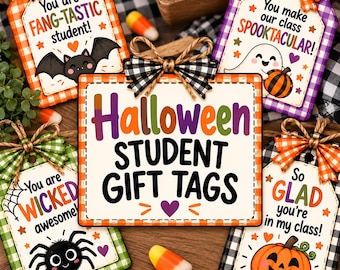 Halloween Student Gift Tags Printable, Classroom Treat Tags, Teacher Halloween Gifts, Gingham Favor Tags