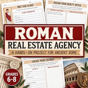 May include: A Roman Real Estate Agency educational project for grades 6-8 featuring worksheets with prompts like Meet Your Client, Design Your Realty Office, and Create Your Listings, alongside a graphic of the Colosseum and a Roman coin.