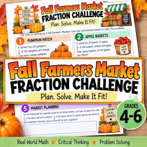 Peut inclure: Une fiche d'exercices Fall Farmers Market Fraction Challenge pour les niveaux 4 à 6. La page présente des problèmes de mathématiques sur les citrouilles, les paniers de pommes et le marché, illustrée de citrouilles et de feuilles d'automne.