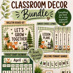 Woodland Classroom Decor Bundle | Bulletin Board Kit, Pocket Chart Calendar, Welcome Banner & Editable Binder Covers