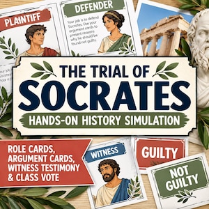 Könnte beinhalten: Das historische Simulationsspiel The Trial of Socrates enthält illustrierte Rollenkarten wie Plaintiff, Defender und Witness sowie Argumentationskarten, Zeugenaussagen und Abstimmungskarten mit der Aufschrift Guilty oder Not Guilty.