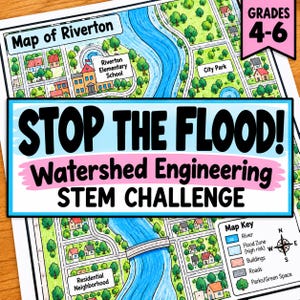 Może przedstawiać: Kolorowa karta pracy zatytułowana STOP THE FLOOD! Watershed Engineering STEM CHALLENGE dla klas 4-6. Zawiera mapę Riverton z rzeką, dzielnicą mieszkalną, szkołą, parkiem miejskim oraz legendą z symbolami.