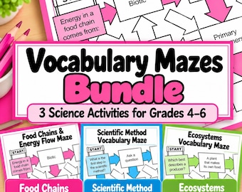 Science Vocabulary Mazes Bundle, Ecosystems, Scientific Method & Food Chains