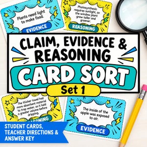 Puede incluir: Una actividad educativa Claim, Evidence & Reasoning Card Sort Set 1 con tarjetas rectangulares que presentan burbujas de diálogo estilo cómic en azul y amarillo. Las tarjetas contienen texto sobre conceptos científicos, evidencia y razonamiento, junto a un lápiz amarillo.