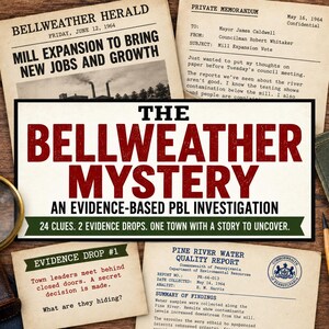 Può includere: Una raccolta di documenti stampati tra cui un giornale intitolato Bellweather Herald, un memorandum privato, un rapporto sulla qualità dell'acqua del Pine River e un cartello centrale che recita The Bellweather Mystery, an evidence-based PBL investigation.