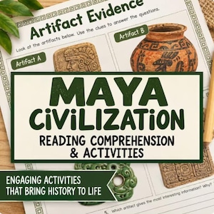 以下が含まれることがあります： MAYA CIVILIZATION READING COMPREHENSION & ACTIVITIESというタイトルの印刷された学習用ワークシート。ページには、彫刻が施された石板、模様のある土器、翡翠のような物体など、歴史的な遺物の画像が掲載されています。