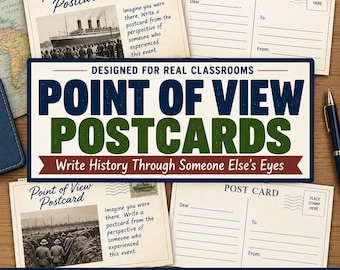 Op de afbeelding: Een set educatieve Point of View Postcards met historische afbeeldingen, waaronder een schip en een loopgraafscène. De kaarten bevatten schrijfopdrachten vanuit een historisch perspectief, met adresregels en ruimte voor correspondentie.