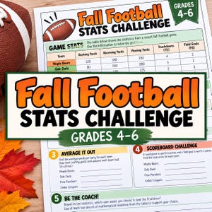 Peut inclure: Une fiche d'exercices Fall Football Stats Challenge pour les niveaux 4-6 comprenant un tableau de données avec les yards de course, réception et passe pour des équipes comme Maple Bears et Oak Owls, ainsi que des problèmes de mathématiques.