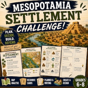 Può includere: Il set di gioco educativo Mesopotamia Settlement Challenge include un foglio di sfida, una mappa con posizioni dalla A alla E, carte risorsa e un pianificatore. Il testo recita Plan. Decide. Build. Defend. Grades 6-8.