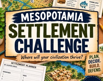Op de afbeelding: Een Mesopotamia Settlement Challenge educatieve spelset met een kaart, bronkaarten en een nederzettingsplanner. De titeltekst luidt Mesopotamia Settlement Challenge, Where will your civilization thrive? Plan. Decide. Build. Defend. Grades 6-8.