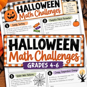 May include: A Halloween Math Challenges worksheet for grades 4-6 featuring a black and orange buffalo check border. The page includes math problems about candy sorting, pumpkin patch perimeter, and temperature change with pumpkin and spider web graphics.